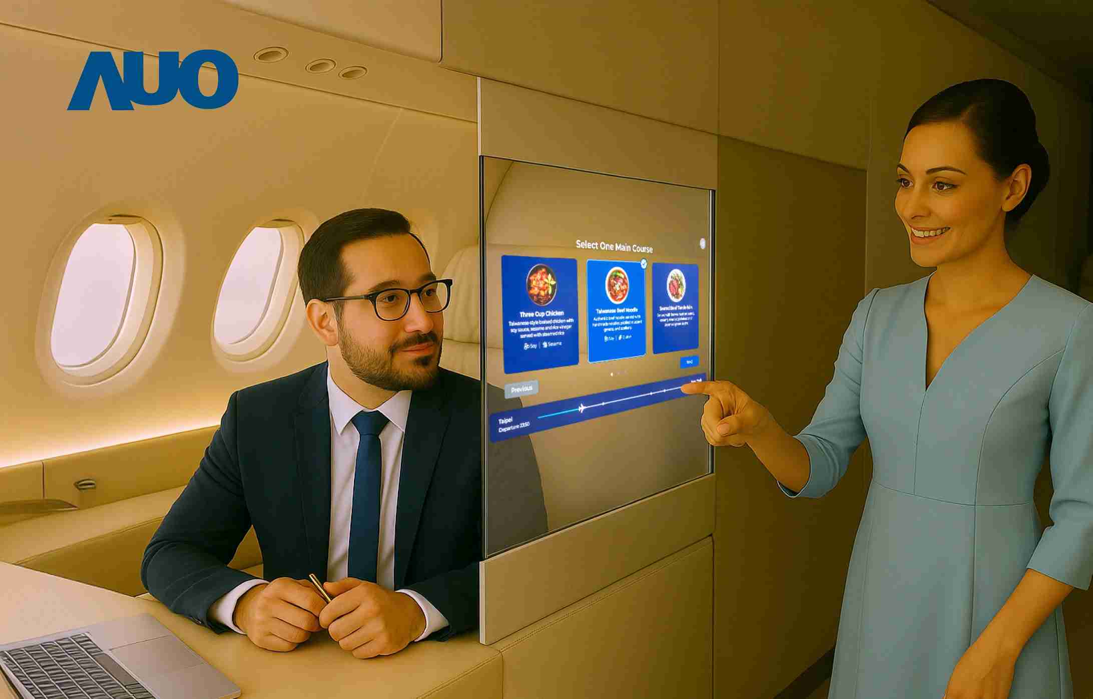 彩霸王研发全球最薄17.3 吋双面透明 Micro LED 显示器，，，，可在同一屏幕之双边投射不同信息，，，，创造独特的”透明化”互动；图为实时翻译交流应用情境